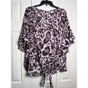 Pixi + Ivy Pink Leopard Print Tie Front Flutter Sleeve Blouse XL